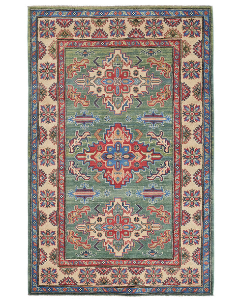 4x6 Green Kuba Afghan Hand Knotted Wool Area Rug